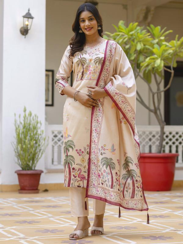 VP 9741 C Floral Printed Handwork Silk Straight Kurta With Trousers & Dupatta Suits